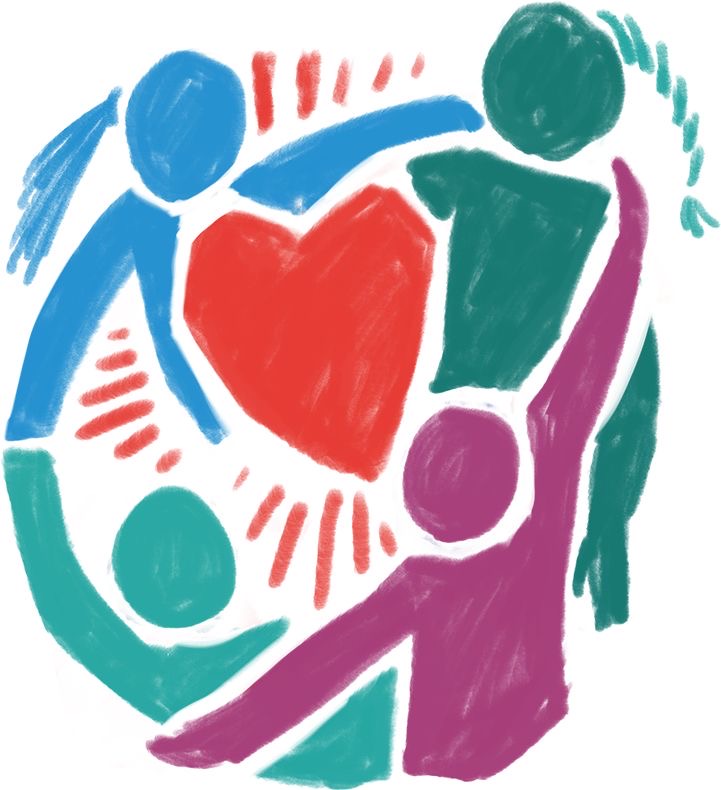 Ilustración de personas unidas alrededor de un corazón, símbolo de comunidad y colaboración